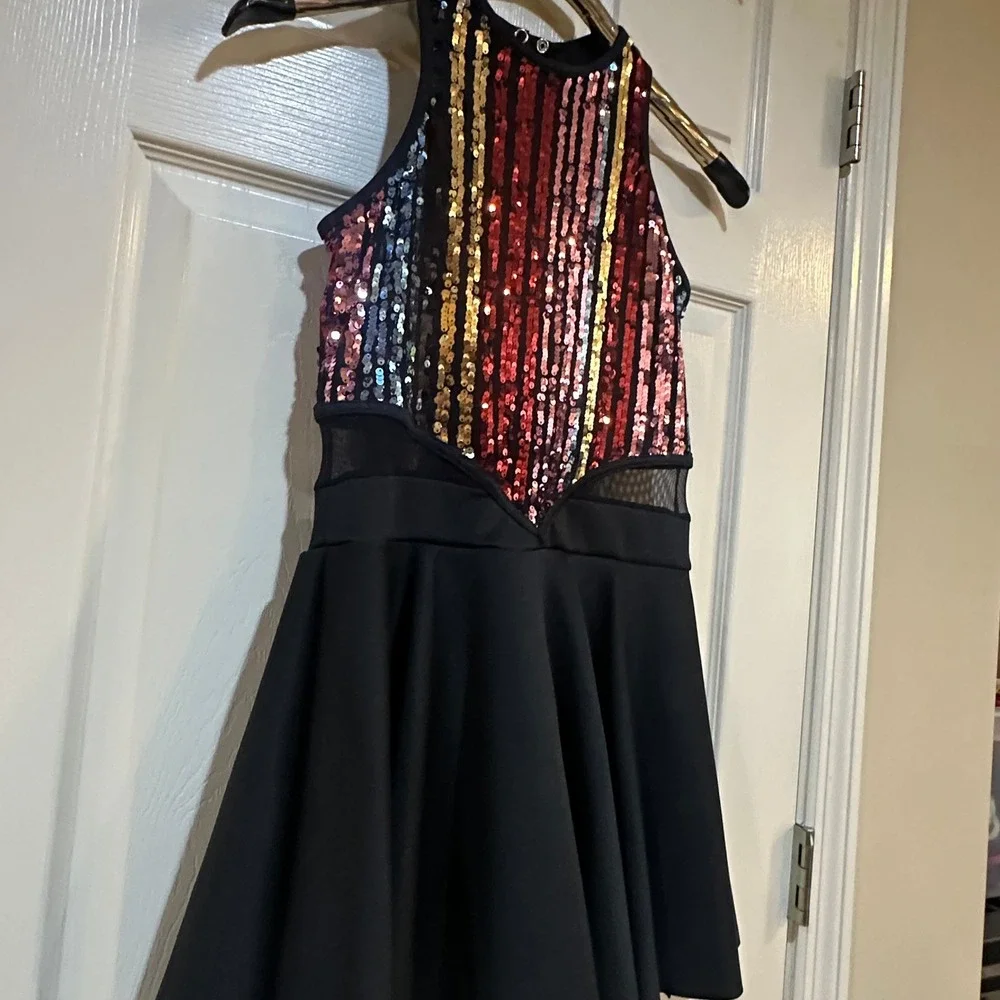 Kids Multi Color Sequin Dance Costume Dress‎ Black Skater Skirt Mesh Panel
